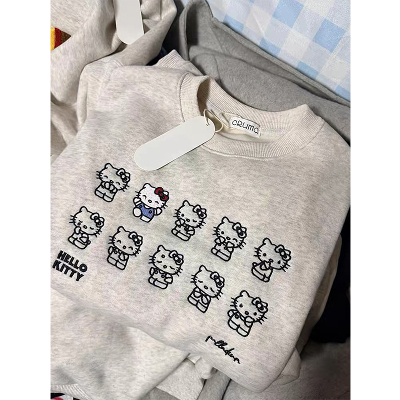 卡通kitty猫刺绣圆领加绒卫衣女