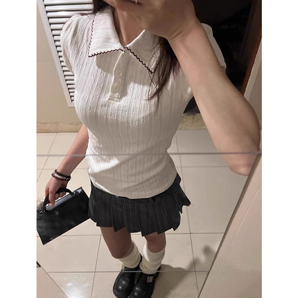 白色polo衫短袖t恤女夏季学院风美式修身设计感小众正肩短款上衣