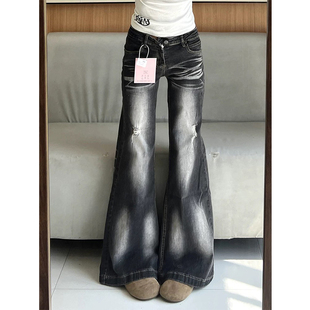 破洞宽松直筒高腰阔腿裤 女春秋2025新款 复古高街微喇叭牛仔裤 美式