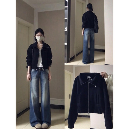 2025早春秋季新款黑色短款卫衣拉链开衫外套女小个子夹克宽松上衣