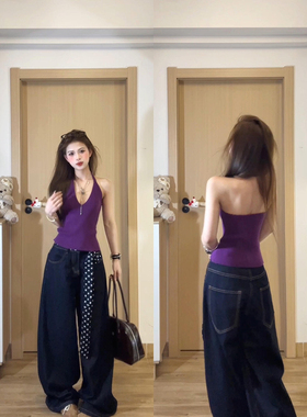 纯欲紫色挂脖吊带背心女夏季2025新款外穿无袖性感甜辣妹短款上衣