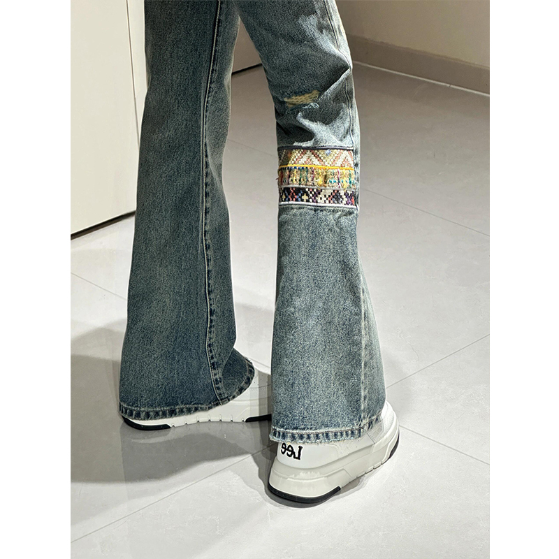 美式高街民族风贴布牛仔裤女夏季