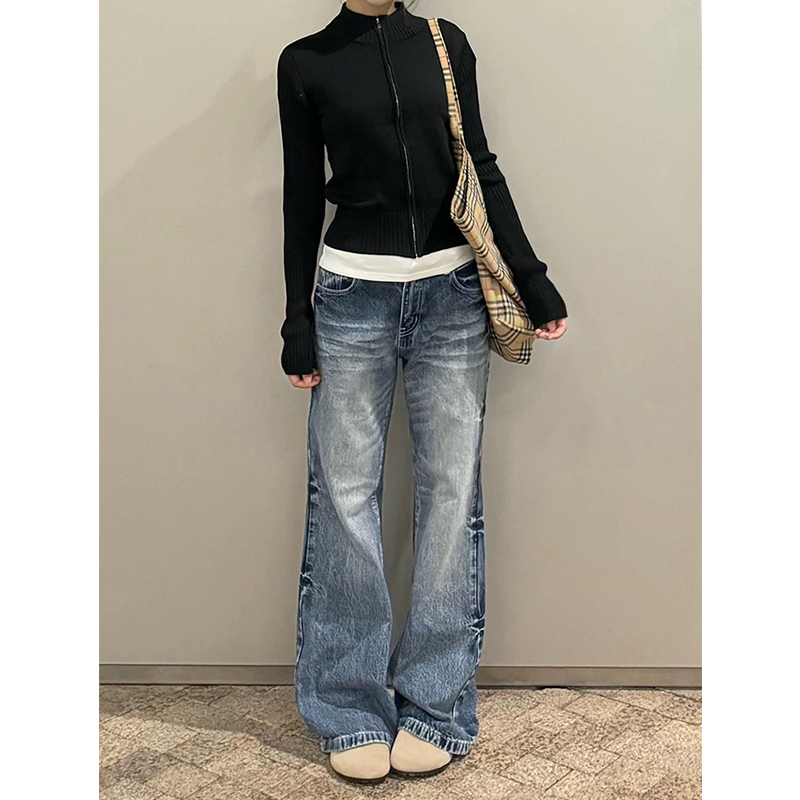 美式低腰阔腿牛仔裤女直筒宽松