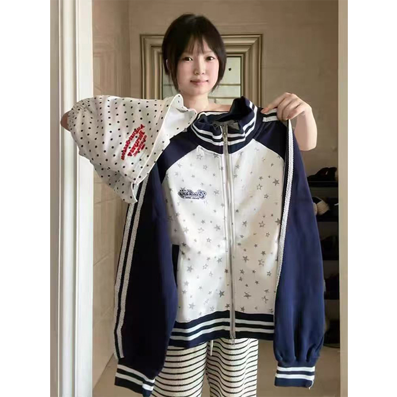 美式复古条纹撞色星星印花立领卫衣女2025新款秋冬学院风夹克外套