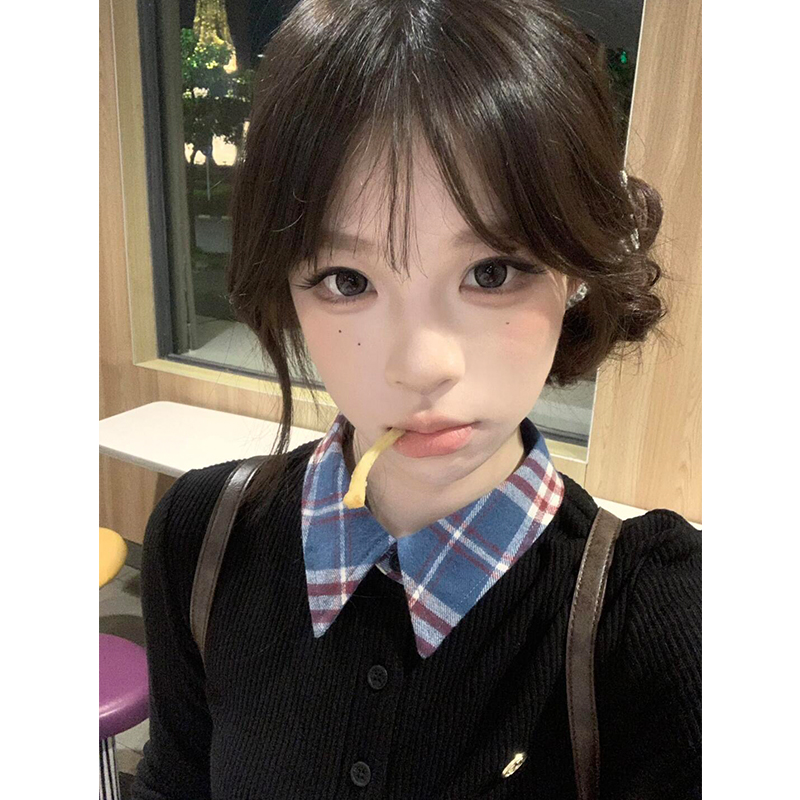 假两件格子纹撞色打底衫长袖上衣
