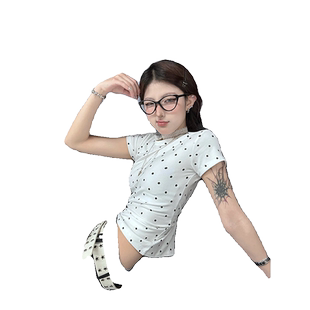 白色正肩波点短袖t恤女夏季设计感辣妹修身独特别致短款上衣