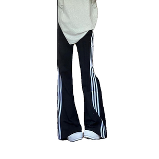 黑色侧边三条杆微喇叭休闲裤子女夏季薄款辣妹高腰显瘦宽松阔腿裤