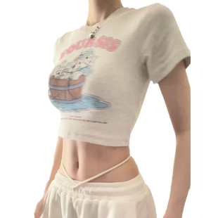 美式复古斑点狗狗正肩短袖t恤女设计感小众辣妹修身显瘦短款上衣