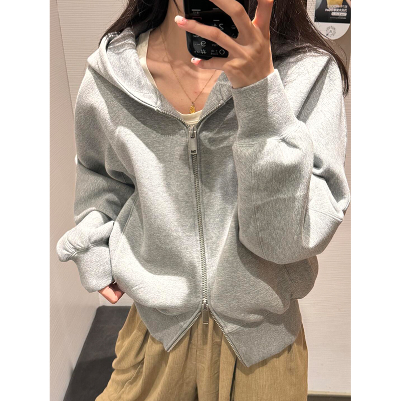 灰色连帽拉链短款卫衣外套女秋冬