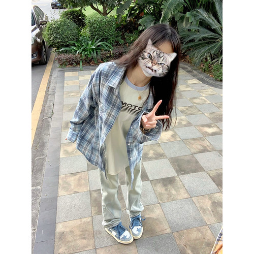 美式复古bm蓝色格子衬衫外套女夏