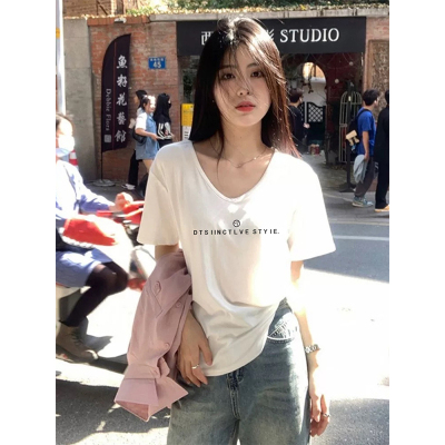 白色V领t恤女纯棉短袖夏正肩上衣