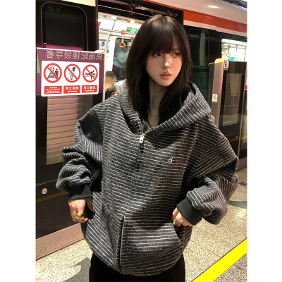 条纹连帽开衫卫衣女秋冬开衫外套