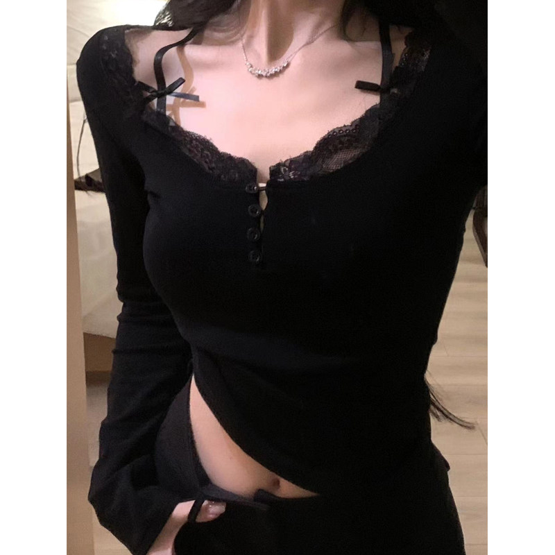 蕾丝拼接长袖t恤打底衫女秋冬季内搭别致独特黑色辣妹设计感上衣,女装/女士精品,T恤,淘宝优惠券,粉丝福利购,淘宝优惠卷