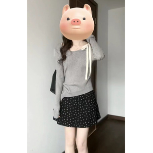 bm甜美黑色碎花半身裙女春季 复古小个子高腰显瘦a字短裙 2024新款