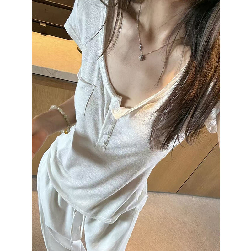 白色亚麻混纺口袋正肩短袖t恤女夏季薄款百搭修身显瘦松弛感上衣