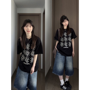 黑色纯棉潮牌太阳花印花短袖 上衣 t恤女2025新款 夏宽松慵懒风半袖