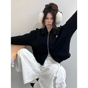 黑色方领短款拉链卫衣外套女春秋2024新款宽松开衫小个子夹克上衣