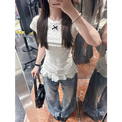 蕾丝波点花边短袖t恤女新款上衣