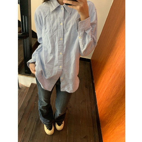 蓝色条纹衬衫女春秋宽松上衣外套