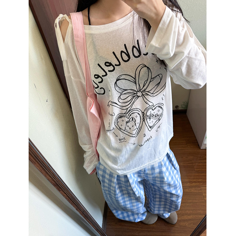 蝴蝶结斜肩防晒罩衫t恤女夏上衣