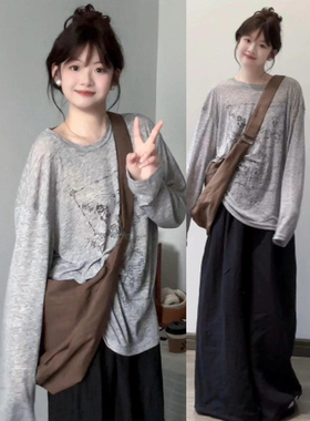 美式复古灰色长袖t恤防晒罩衫女夏季薄款慵懒风宽松微透显瘦上衣