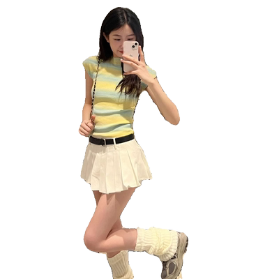 设计感小众刺绣条纹针织短袖女夏