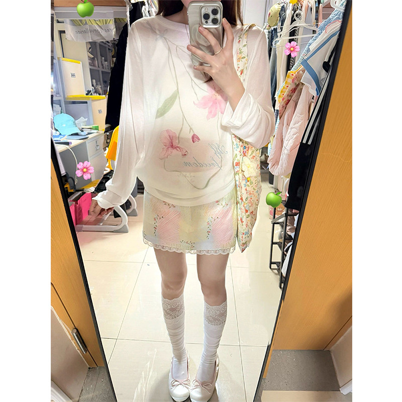 白色莱赛尔天丝花卉印花防晒罩衫t恤女夏季轻薄款慵懒风长袖上衣