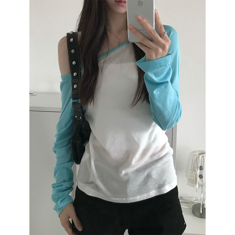 撞色斜肩防晒罩衫女夏季薄纱上衣