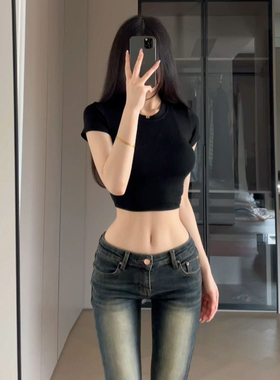 黑色正肩纯棉短袖t恤女夏季甜辣妹修身显瘦露脐小众短款打底上衣