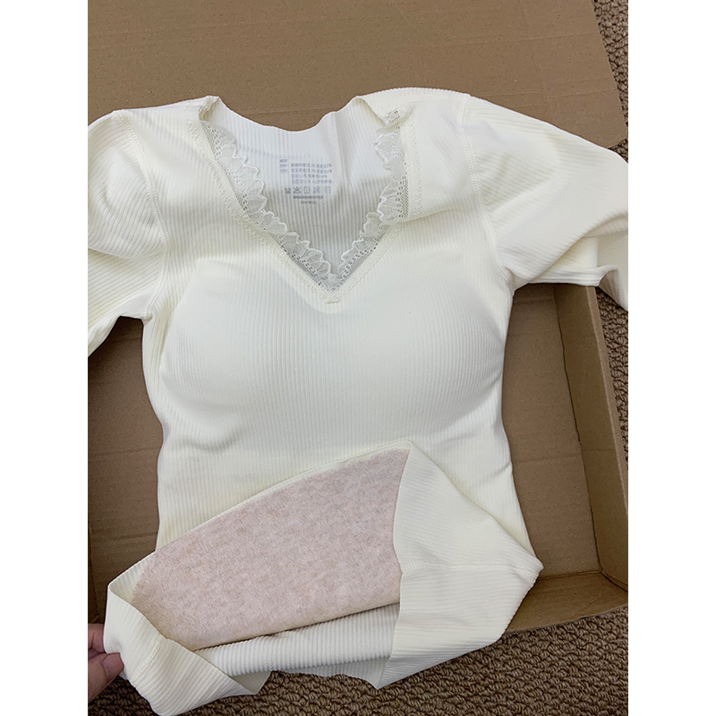 蕾丝V领加绒保暖内搭长袖打底衫