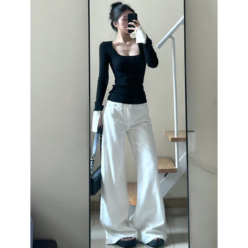 黑色方领针织打底衫辣妹修身上衣