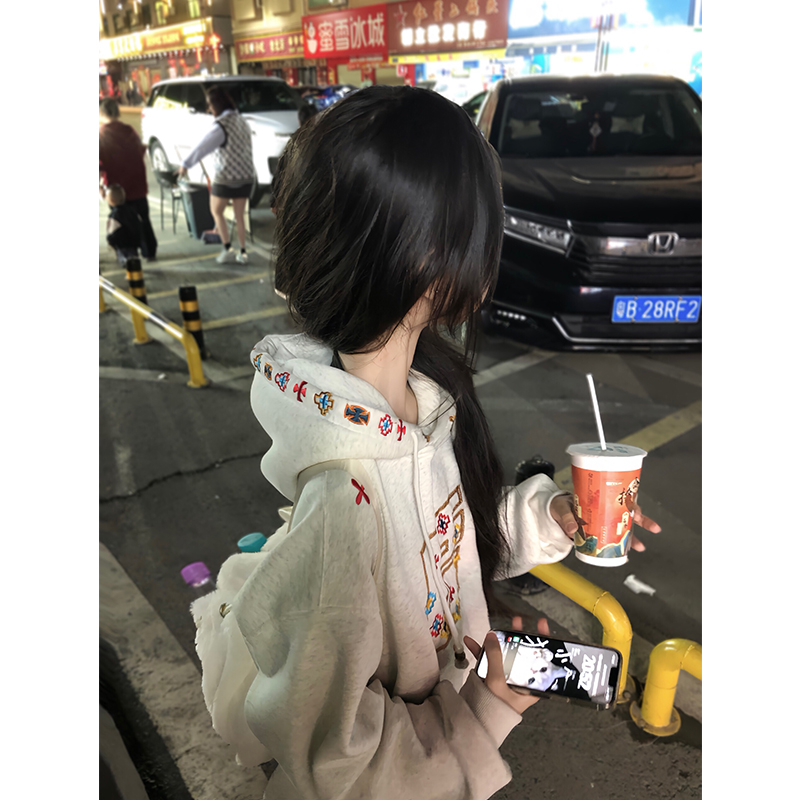 国潮美式刺绣连帽卫衣女2025新款