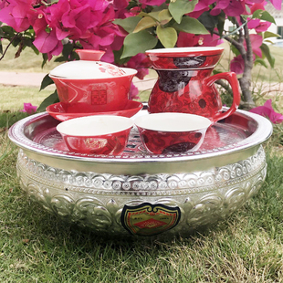 泰国进口钻石牌铝镀银潮汕人功夫茶盘茶具圆型小巧家用茶盘泡茶杯