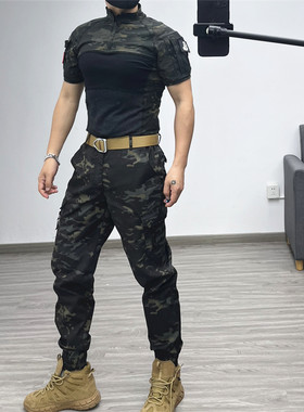 夏男女户外战术弹力迷彩短袖套装