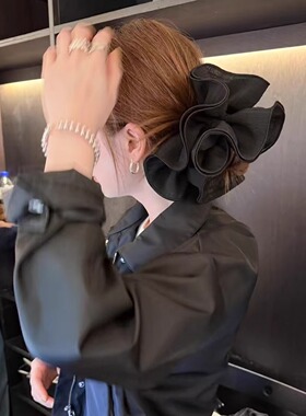 LAST KISS 黑色大肠发圈超大木耳边韩系高级感气质慵懒风丸子头绳