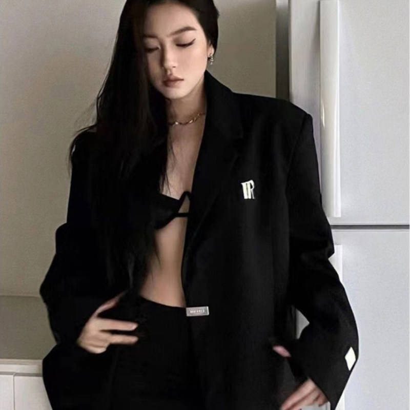 法国MK&DK 英伦风刺绣黑色西装外套女2024春秋新款小众显瘦小西服