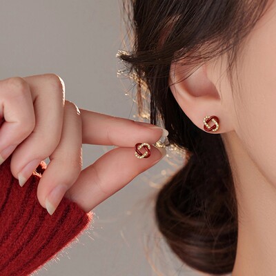 新年红色同心结耳钉女2026马年