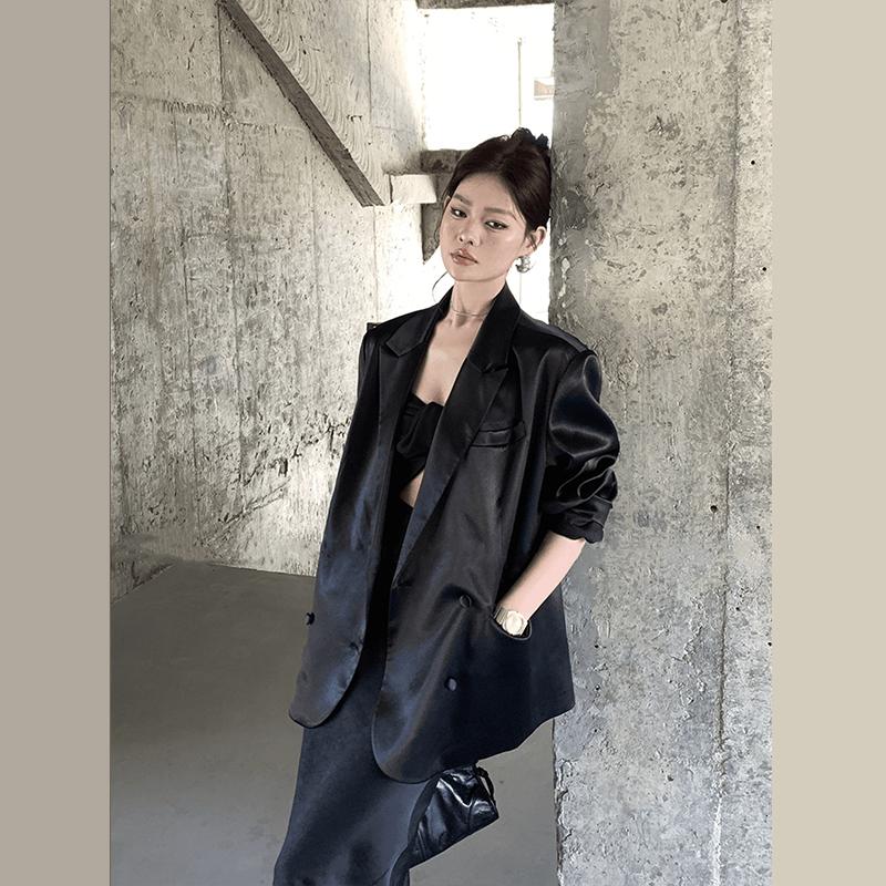 法国MK&DK  黑色绸缎西装外套女2024新款高级感爆款气质名媛西服