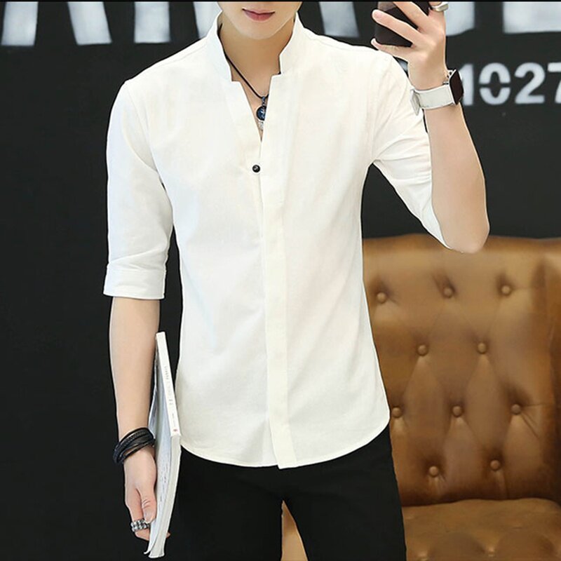 夏季立领衬衫男士短袖纯棉2025新款七分袖休闲春秋长袖中袖白衬衣