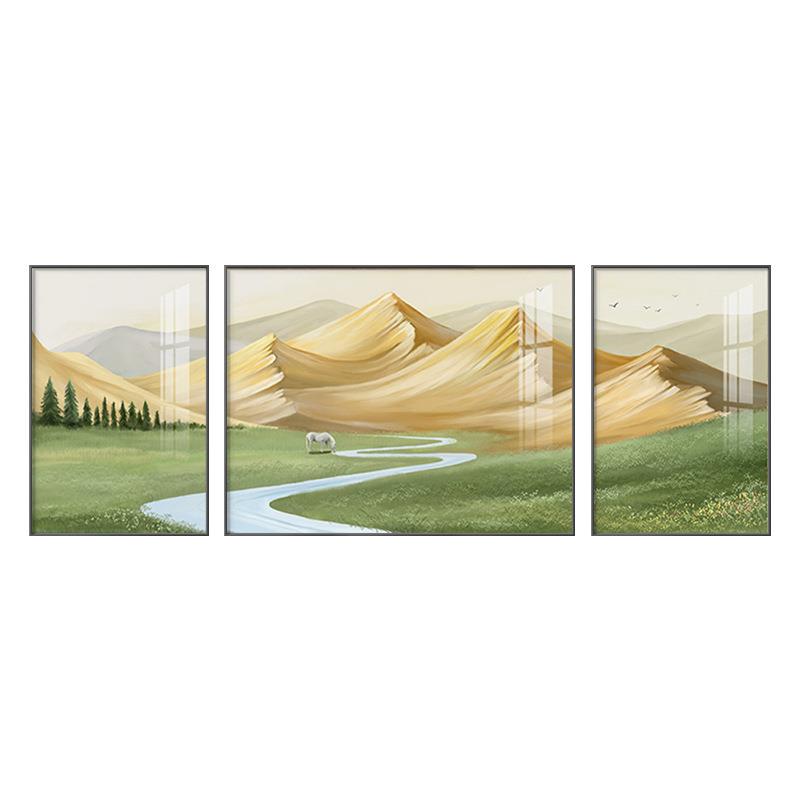 北欧日照金山绿色沙发背景墙挂画山水装饰画风景大气客厅三联壁画