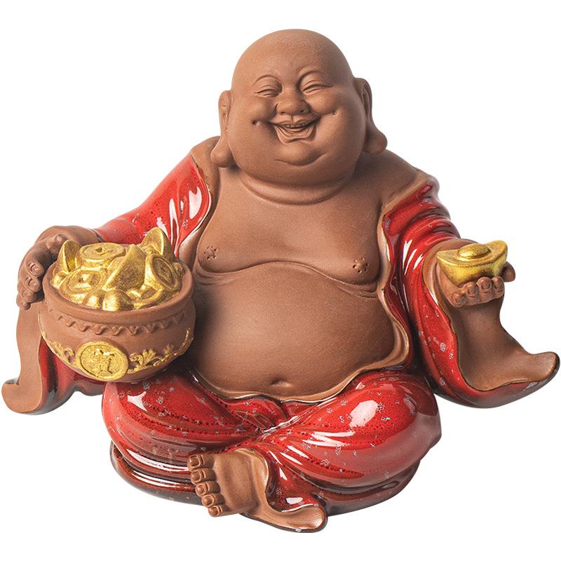 陶瓷中式禅意弥勒摆件创意紫砂茶宠大肚笑佛博古架桌面装饰品