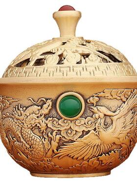 高端黄铜龙凤呈祥绿宝石带盖茶杯茶盏茶具摆件铜器工艺品送礼礼品