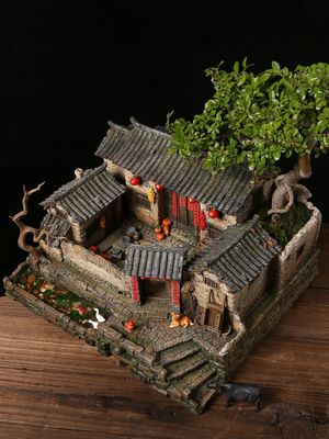 中式复古建筑茶桌盆景微缩老房子模型客厅玄关摆件家居装饰工艺品