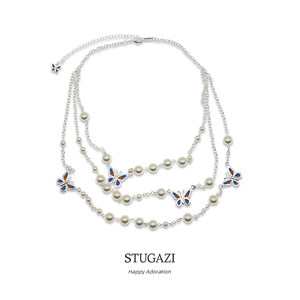 stugazi银色多层珍珠蝴蝶项链