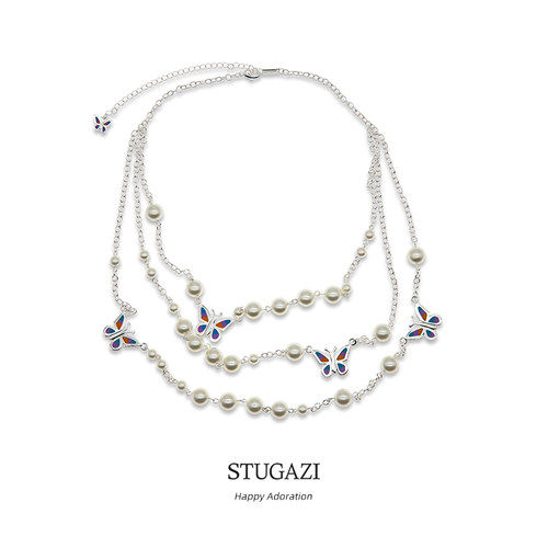 STUGAZIHappy Adoration银色多层珍珠蝴蝶项链原创设计时尚气质-封面