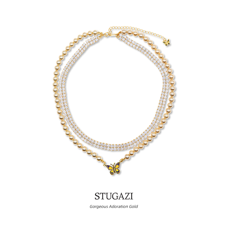 金色满钻双层珍珠项链