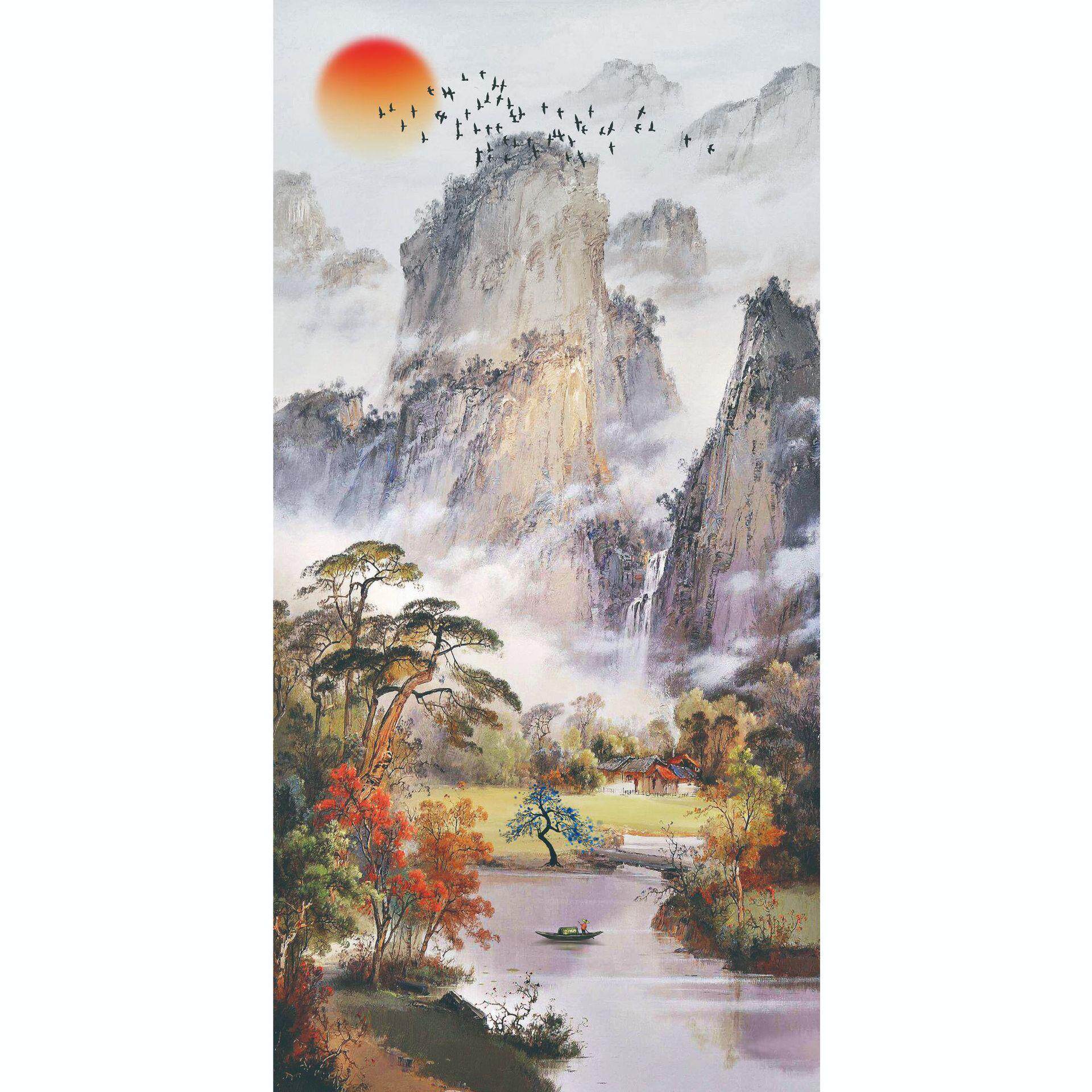 新中式客厅公室国画壁画竖幅玄关过道茶室客厅画山水风景装饰画