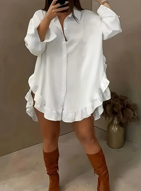 跨境女装爆款荷叶花边白色衬衫2024秋季欧美休闲宽松衬衣开衫女
