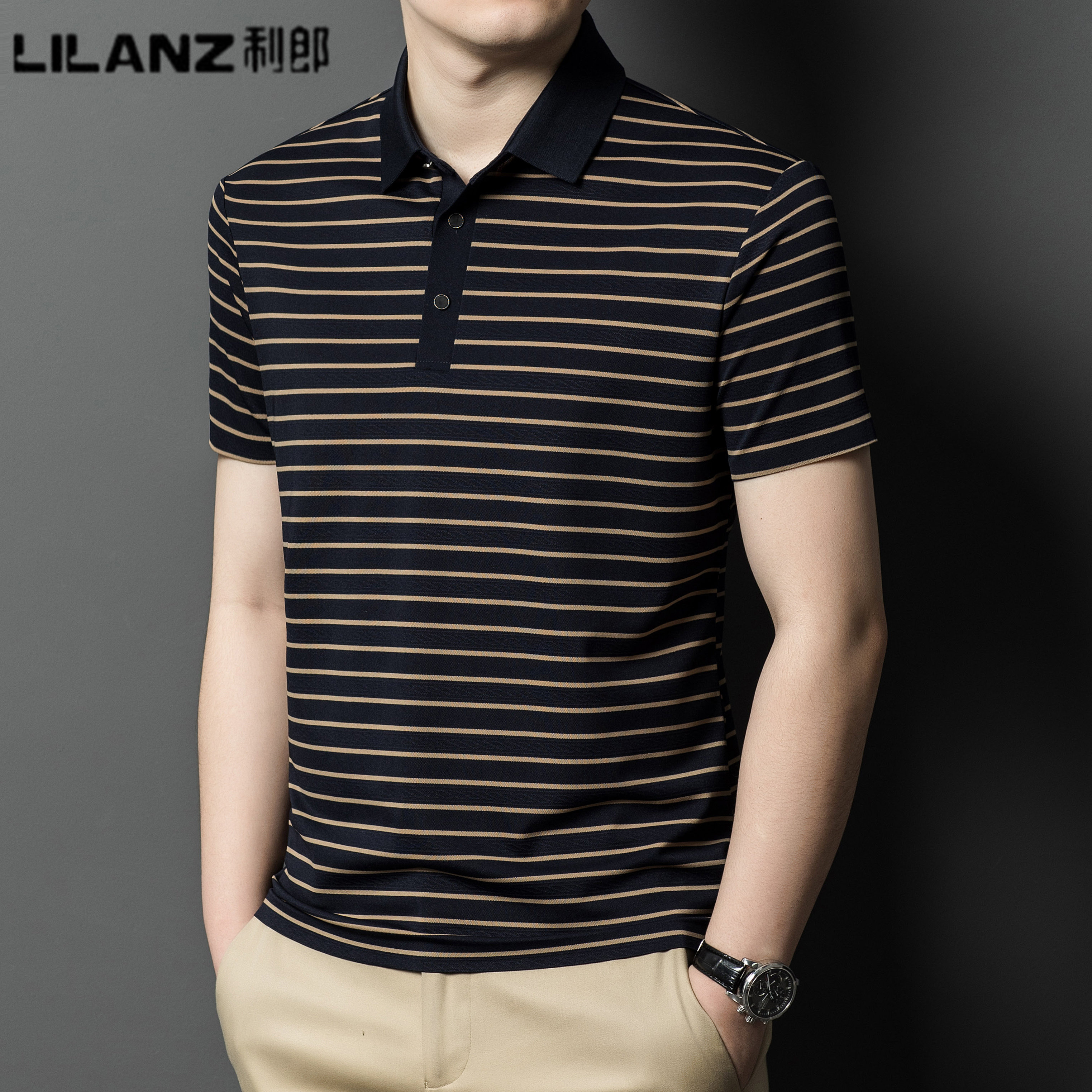 利郎男装夏季短袖t恤高档桑蚕丝翻领中青年时尚休闲条纹polo衫男