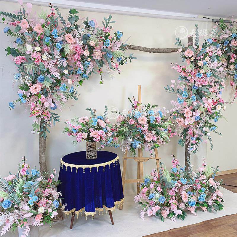 婚庆森系蓝粉色仿真角花艺装饰壁挂排花吊顶家居落地植物花柱拱门